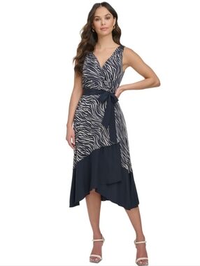 💖 DKNY Sleeveless V-neck Gaux-Wrap Midi Dress